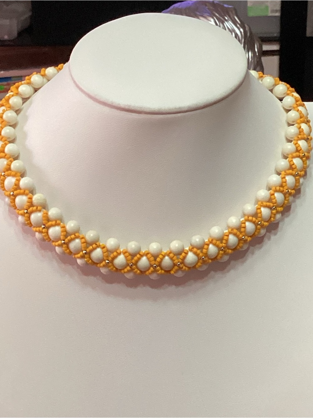 Ivory Jasper Collar Necklace accented with Yellow and Silver Beads 15 inches